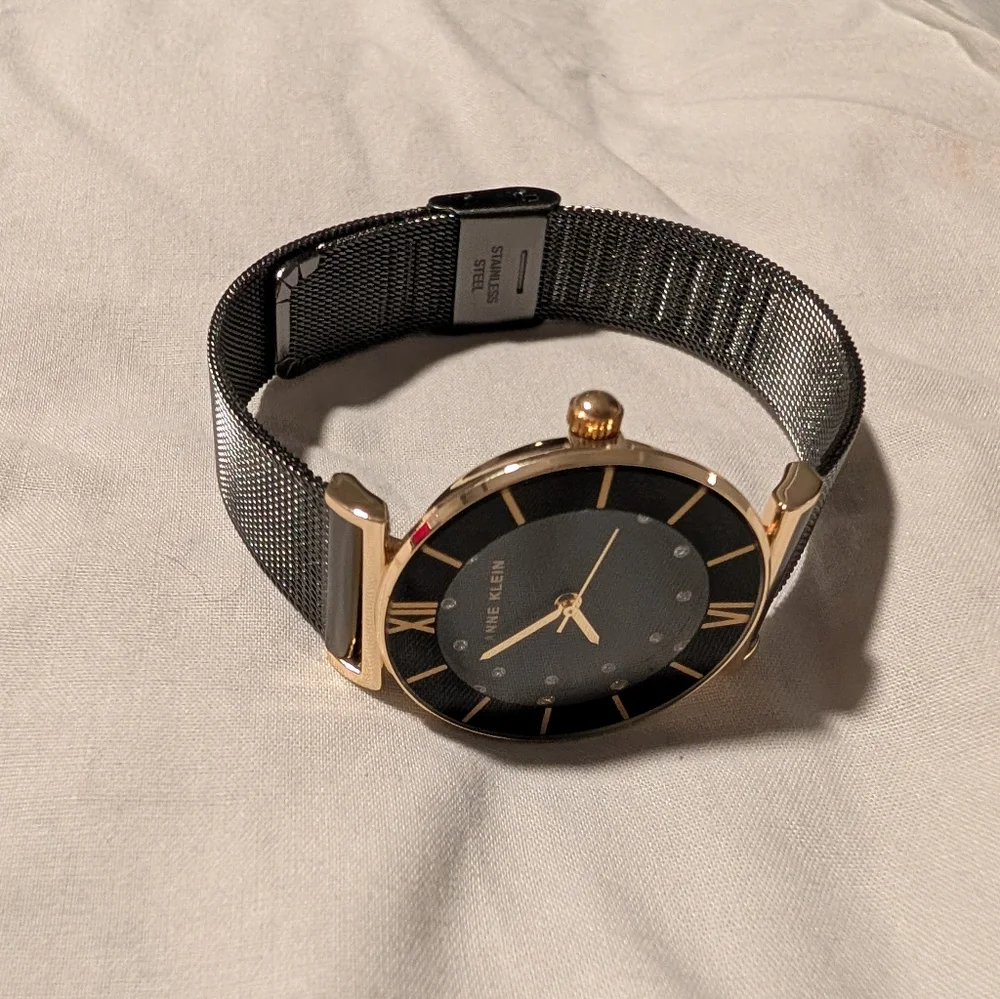Anne Klein Gold and Black Round Dial Crystal Accent Watch